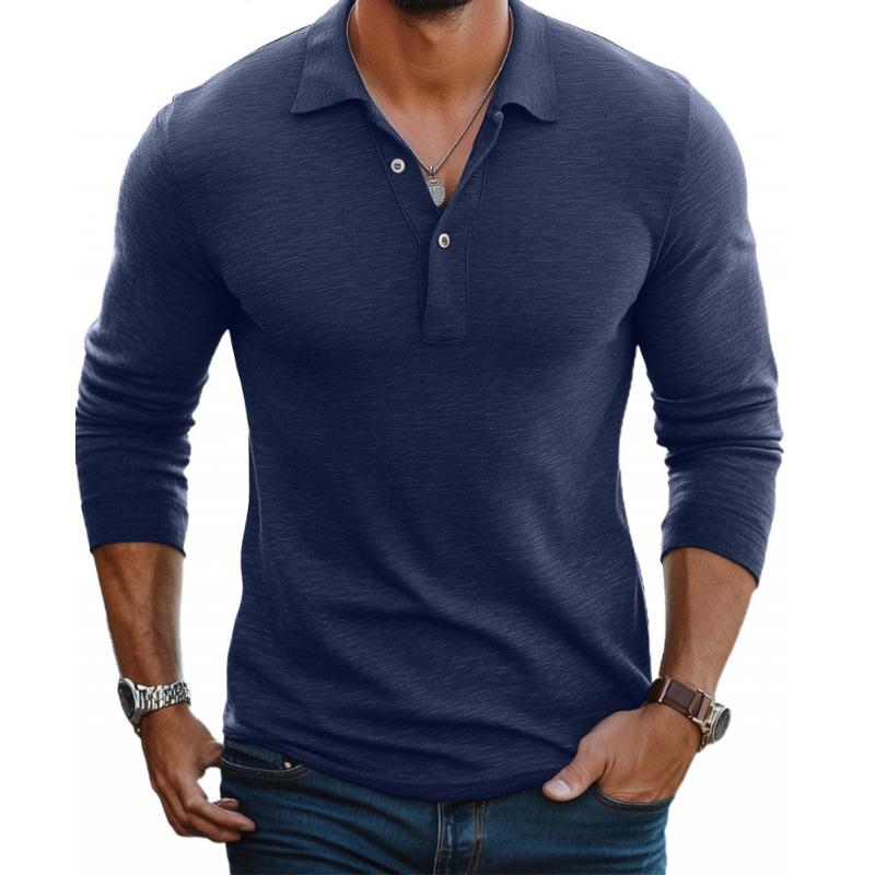 Men's Long Sleeve Polo Knit Fabric Button Placket Slim Fit