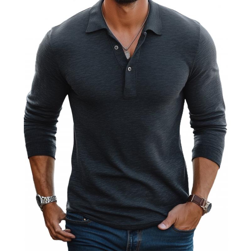 Men's Long Sleeve Polo Knit Fabric Button Placket Slim Fit
