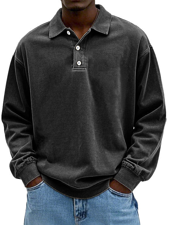 Men's Polo Sweatshirt Washed Cotton Oversized Long Sleeve Casual