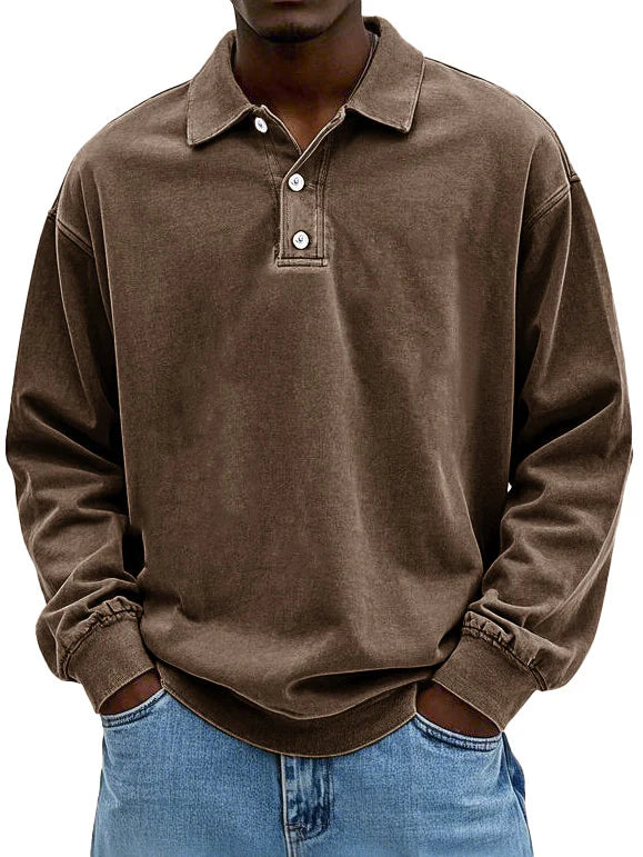 Men's Polo Sweatshirt Washed Cotton Oversized Long Sleeve Casual