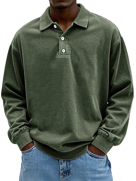 Men's Polo Sweatshirt Washed Cotton Oversized Long Sleeve Casual