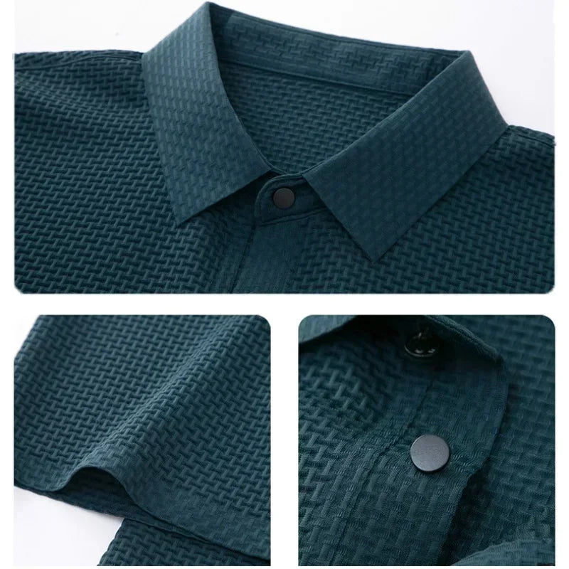 Men's Polo Shirt Waffle Knit Short Sleeve Button Placket Slim Fit