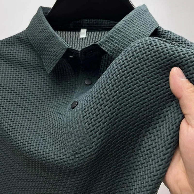 Men's Polo Shirt Waffle Knit Short Sleeve Button Placket Slim Fit
