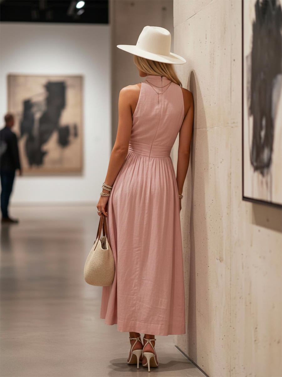 Halter Neck Maxi Dress Women Linen Blend Gathered Waist Sleeveless