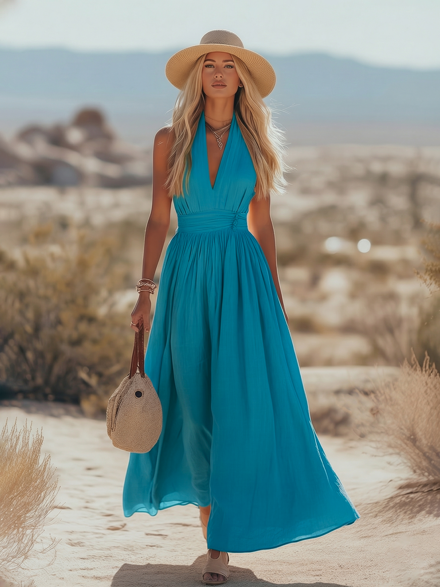 Halter Neck Maxi Dress Women Linen Blend Gathered Waist Sleeveless