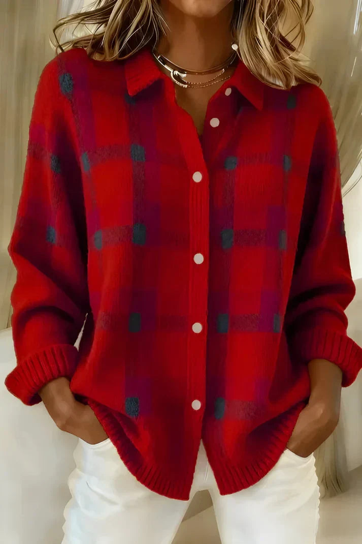 Clementine | Women's Elegant Longline Checkered Button-Front Cardigan - Red