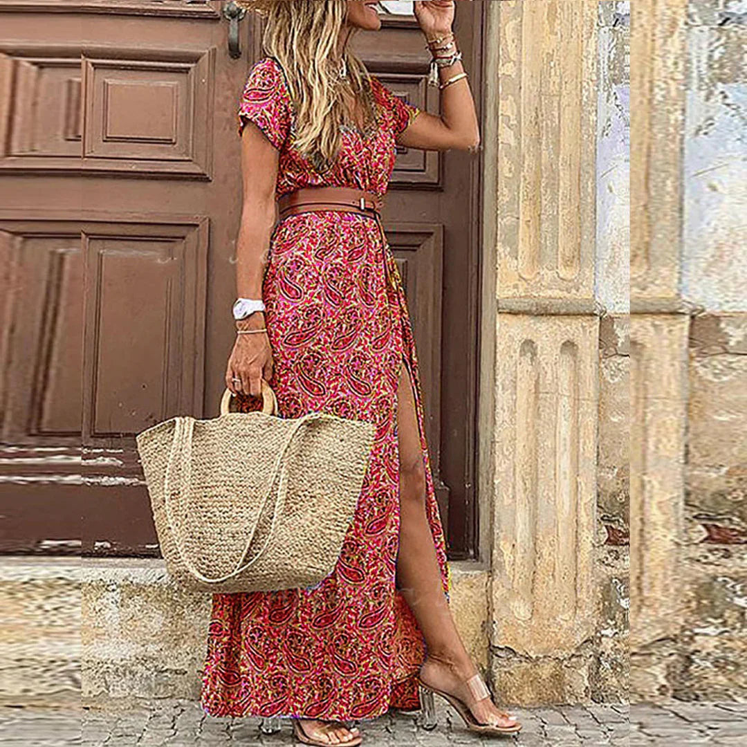 Maxi Dress Women Cotton Short Sleeve Gathered Waist