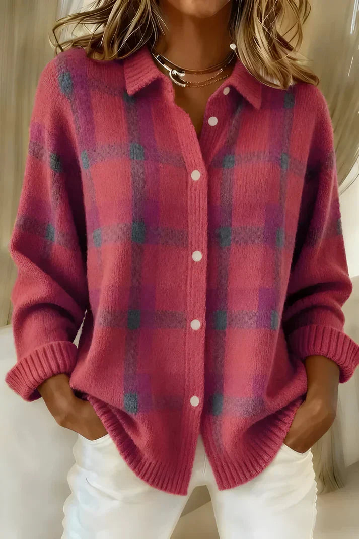 Clementine | Women's Elegant Longline Checkered Button-Front Cardigan - Pink