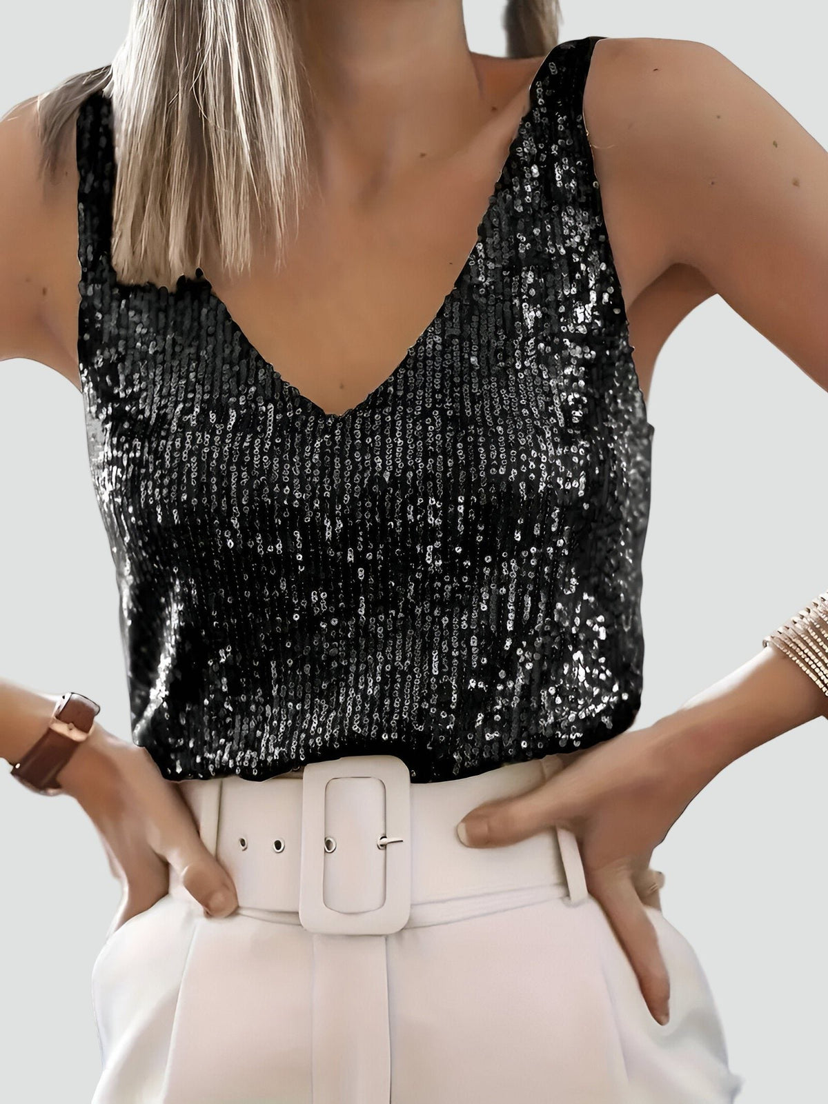 Women's Sequin Cami Top with V-Neck