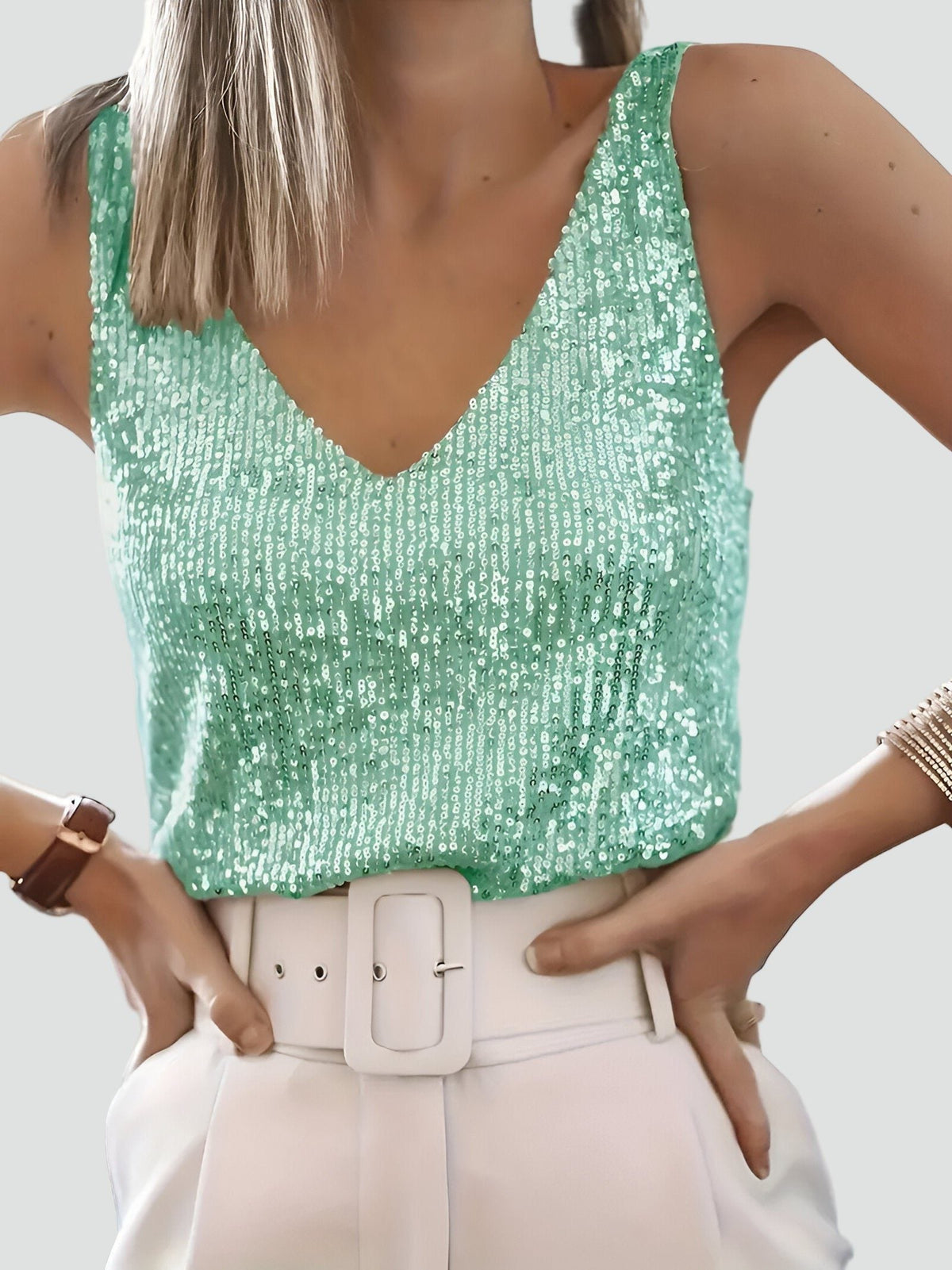 Women's Sequin Cami Top with V-Neck