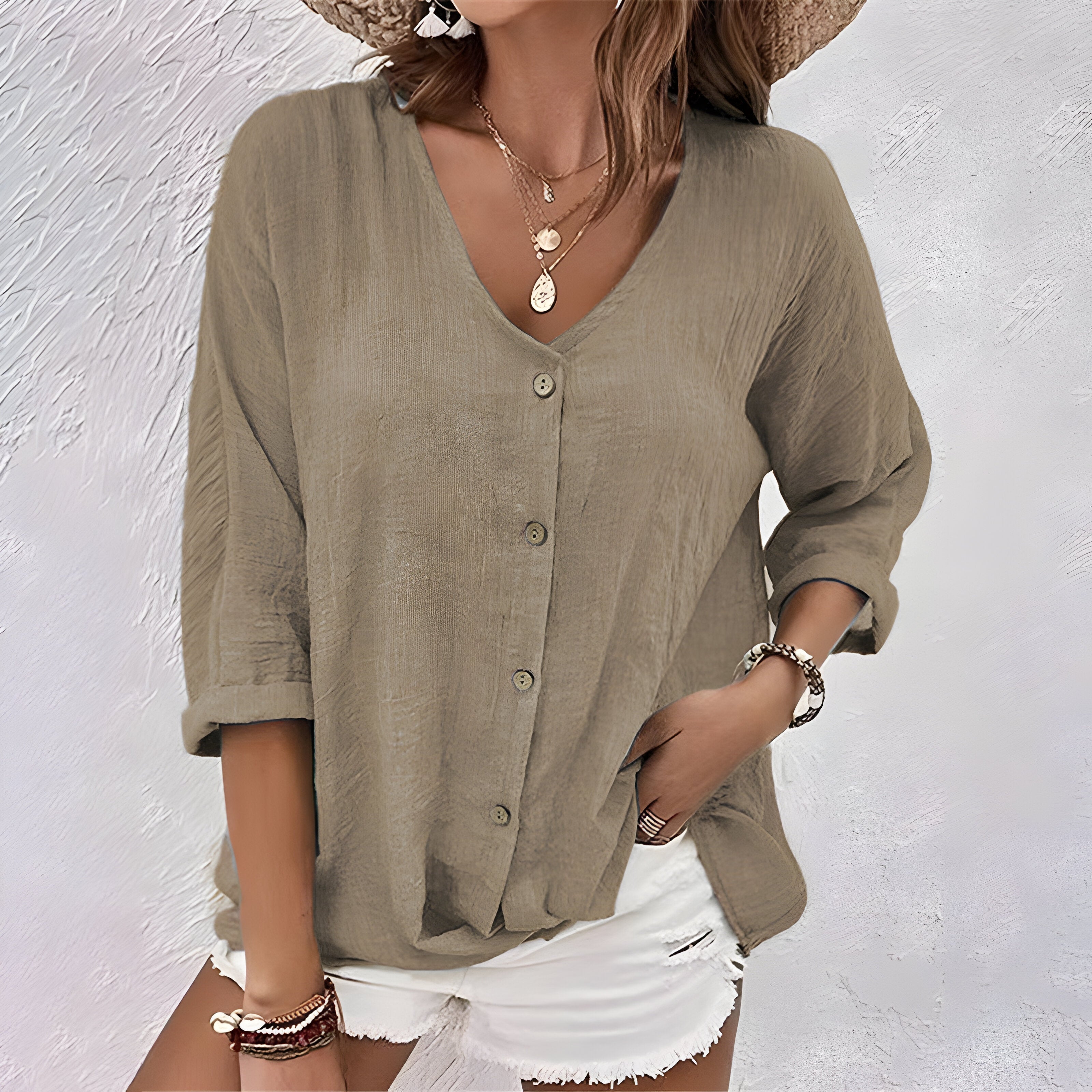 Women's Button Up Blouse Woven Fabric V Neck Elbow Sleeve