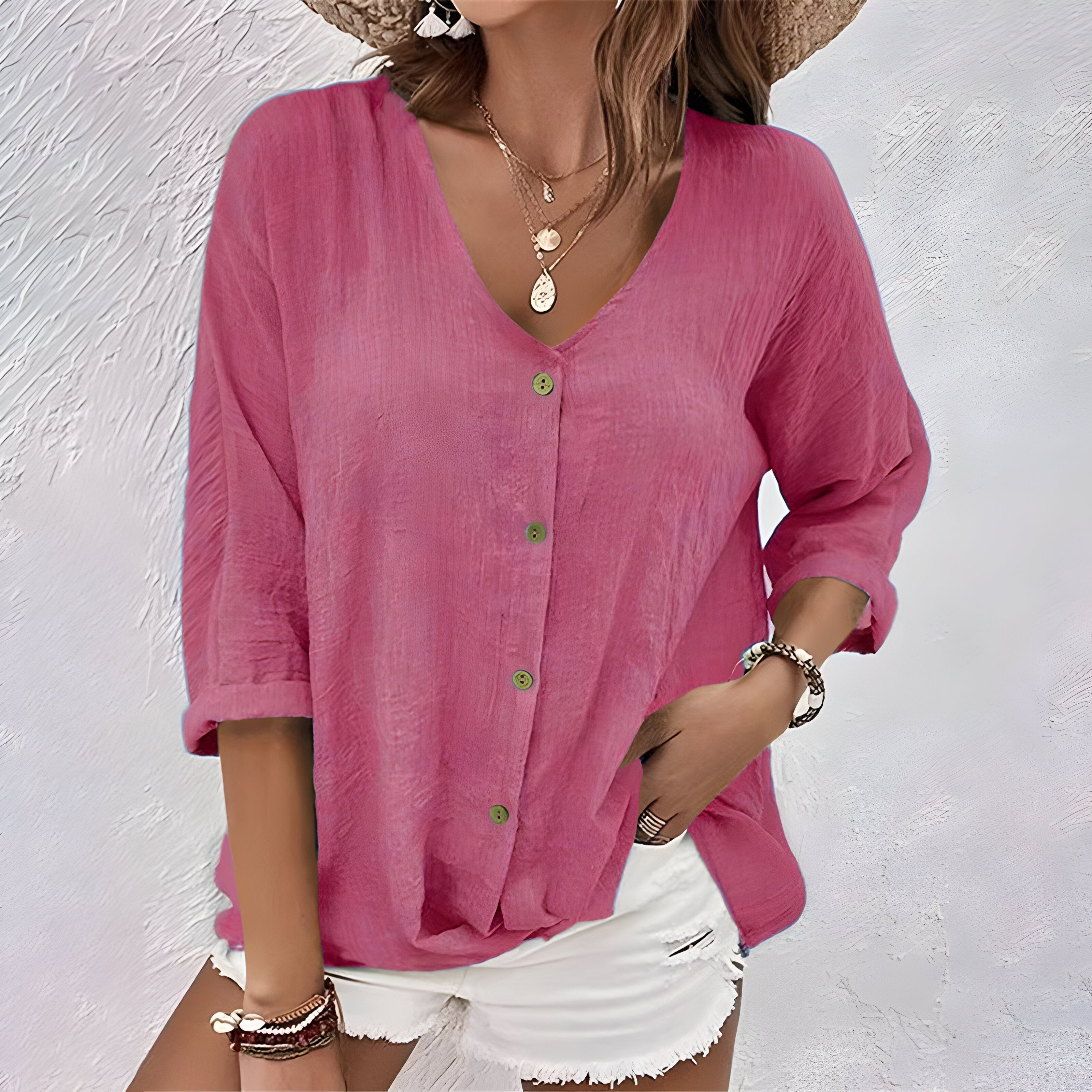 Women's Button Up Blouse Woven Fabric V Neck Elbow Sleeve