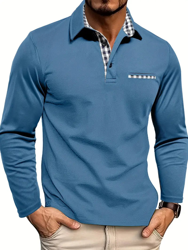 Men's Long Sleeve Polo Shirt Cotton Blend Plaid Collar Chest Pocket