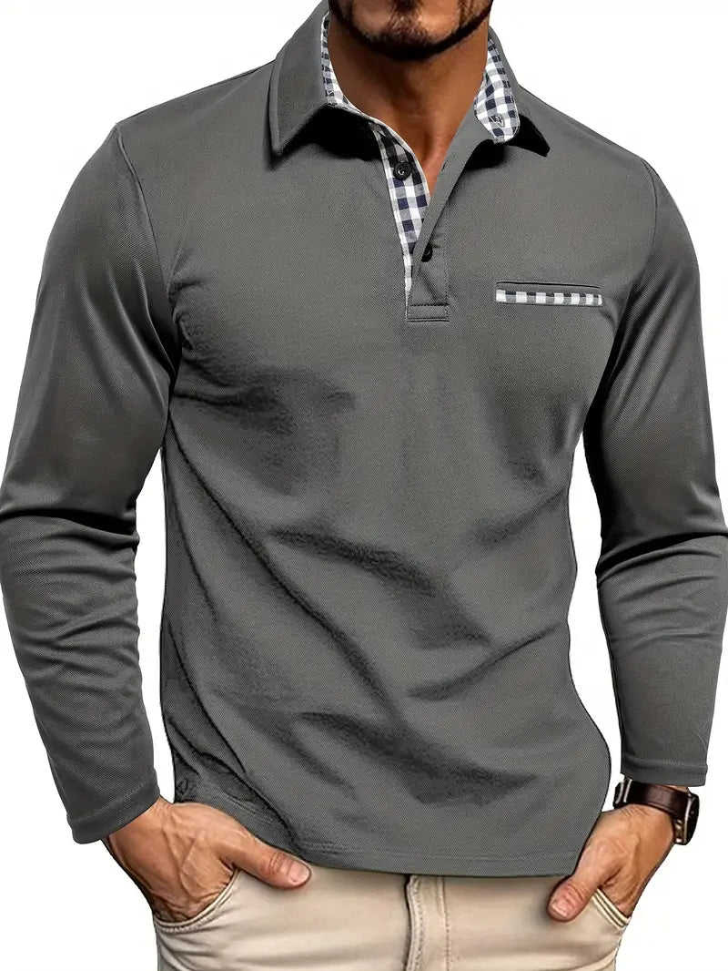 Men's Long Sleeve Polo Shirt Cotton Blend Plaid Collar Chest Pocket