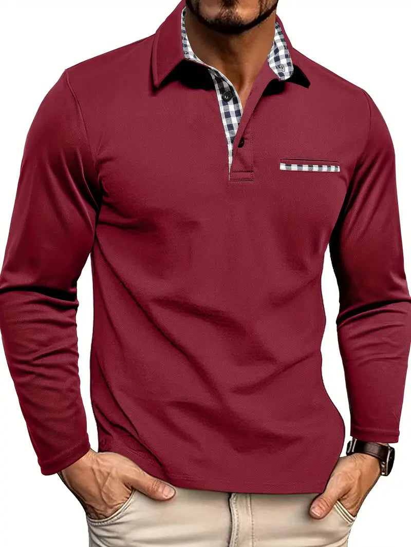 Men's Long Sleeve Polo Shirt Cotton Blend Plaid Collar Chest Pocket