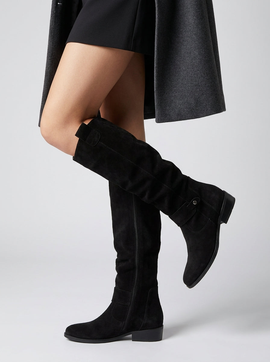 Women's Suede-Look Slouchy Knee High Boots, Ruched Low Block Heel