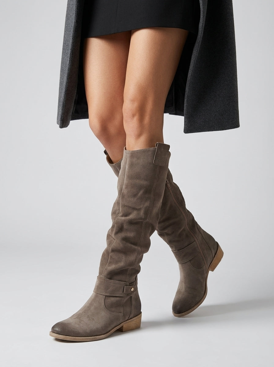 Women's Suede-Look Slouchy Knee High Boots, Ruched Low Block Heel