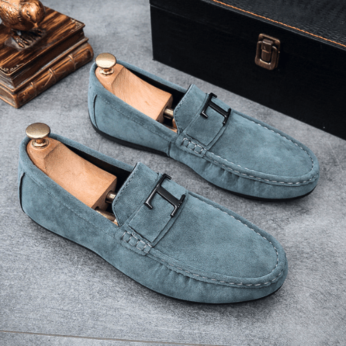 Men's Suede Loafers H Buckle Moccasin Toe Slip On Smart Casual