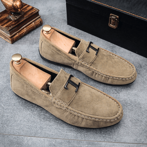 Men's Suede Loafers H Buckle Moccasin Toe Slip On Smart Casual