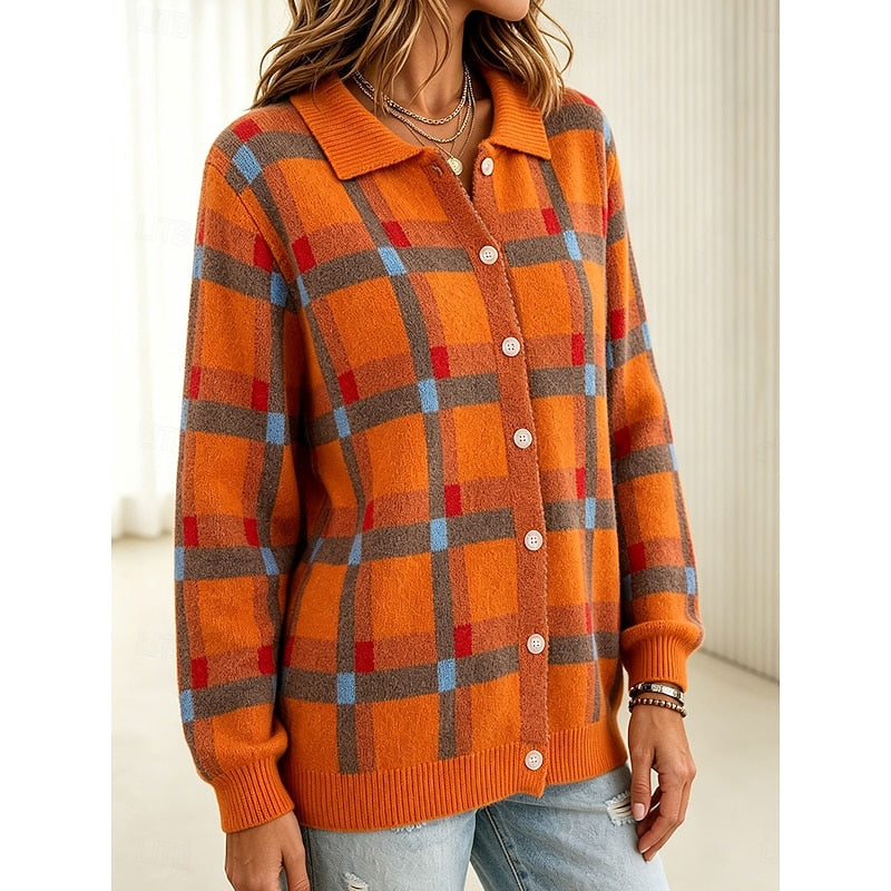 Loretta | Women's Checked Collared Button-Front Cardigan