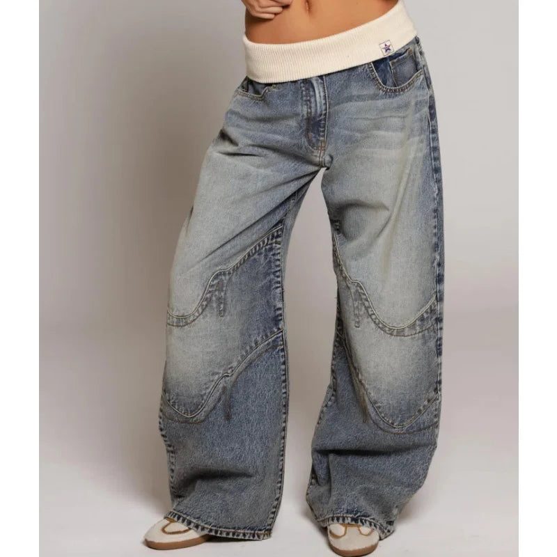 Women's Wide Leg Denim Jeans Ribbed Waistband