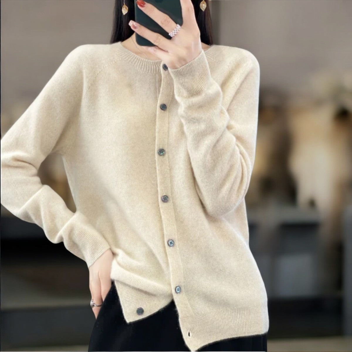 Women's crew-neck button-front cardigan in beige, front view