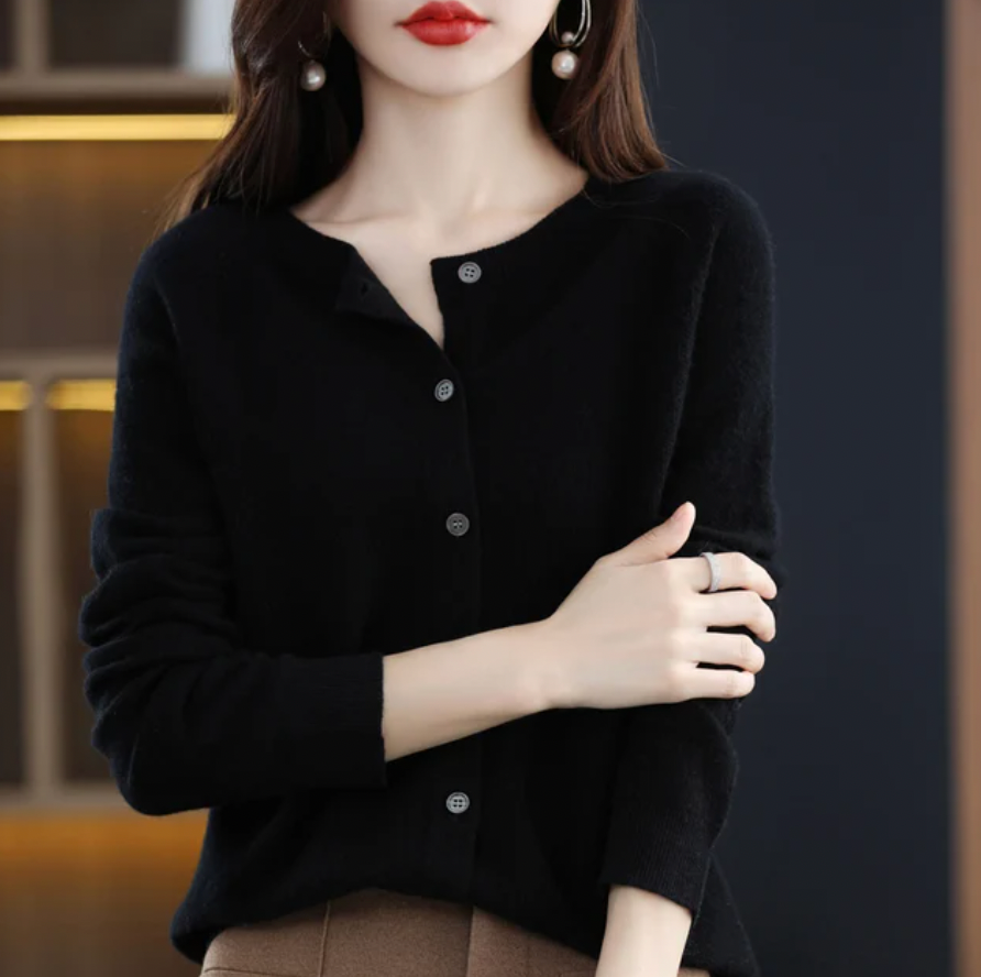 Women's crew-neck button-front cardigan in black, front view