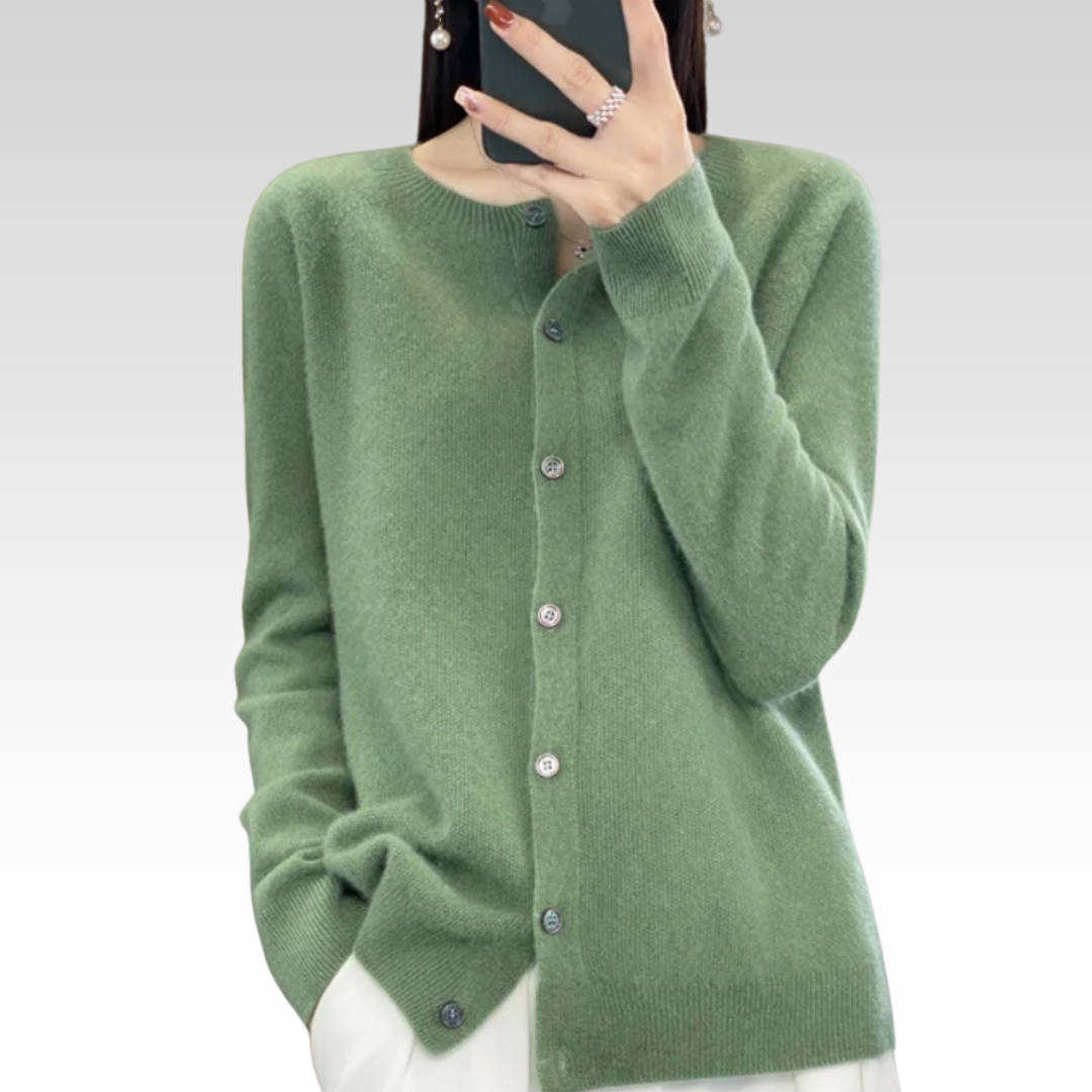 Women's crew-neck button-front cardigan in green, front view