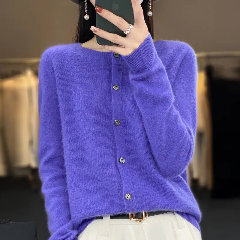 Women's crew-neck button-front cardigan in purple, front view