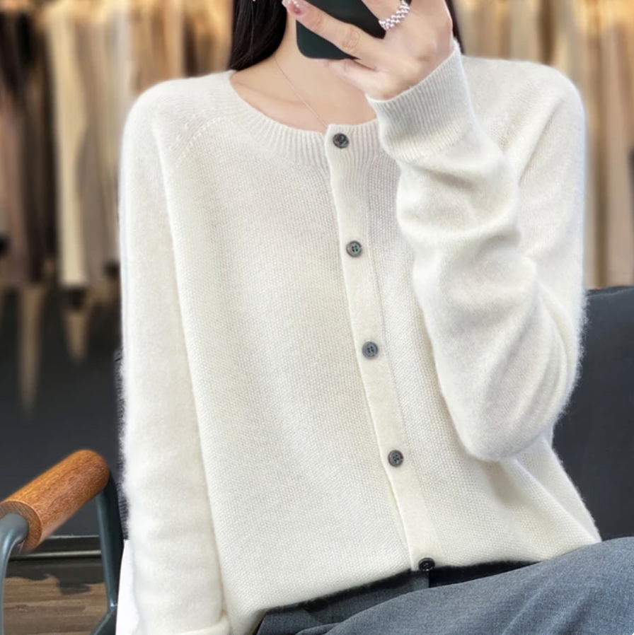 Women's crew-neck button-front cardigan in white, front view