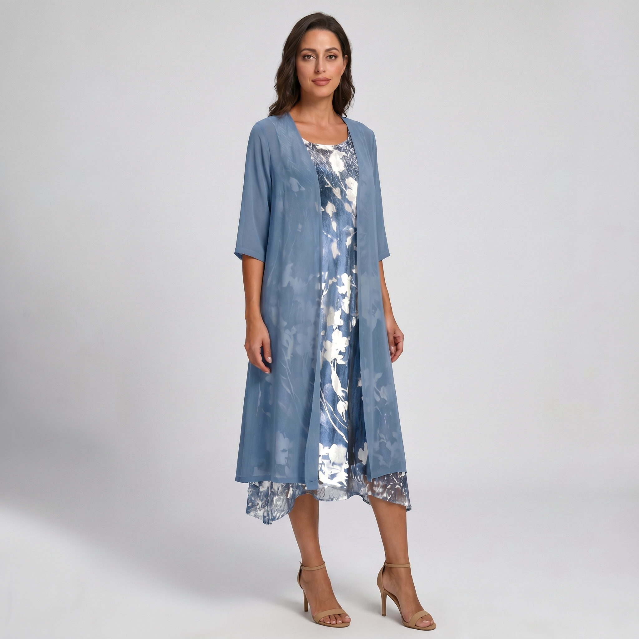 Women's Layered Midi Dress  Chiffon Fabric Open Front Duster