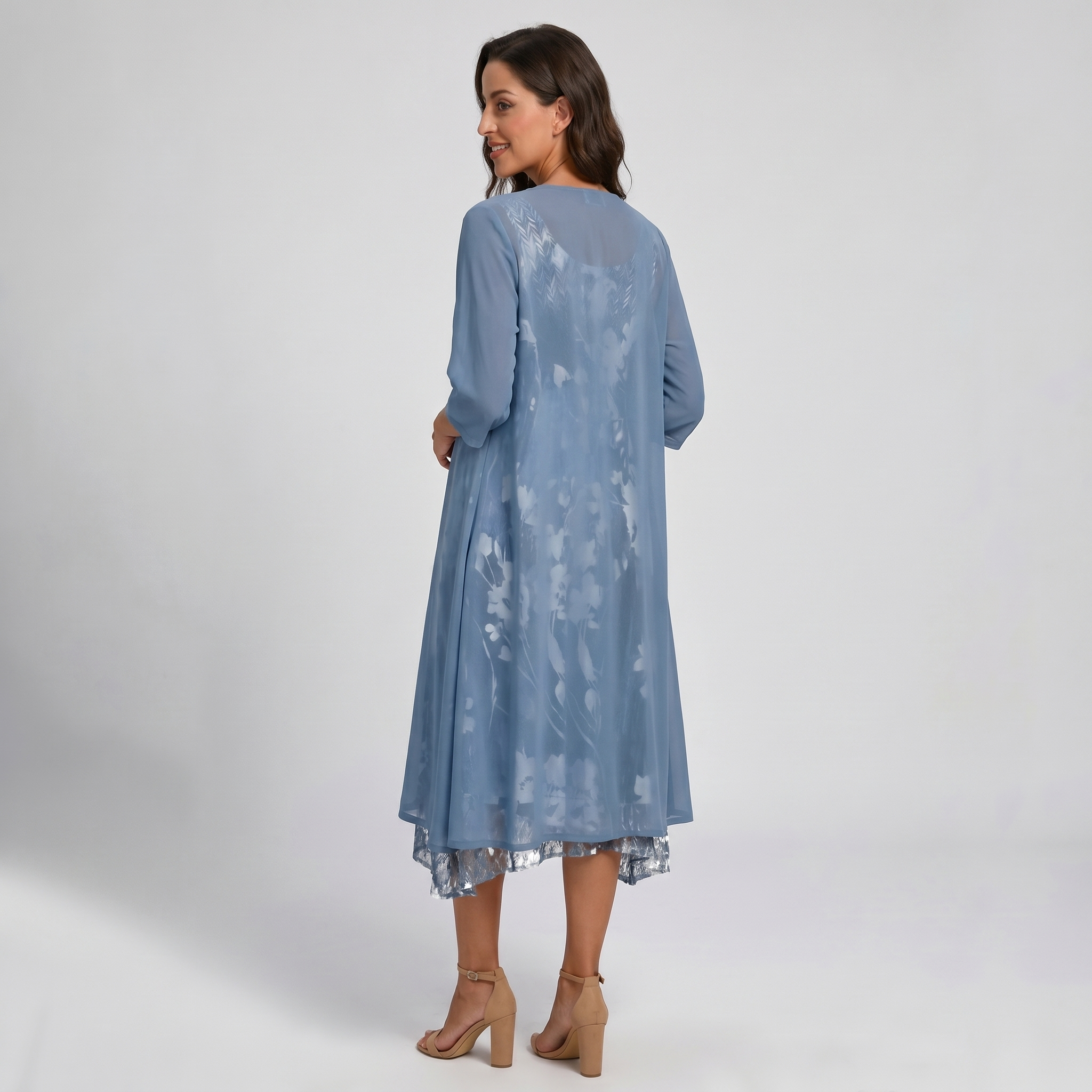 Women's Layered Midi Dress  Chiffon Fabric Open Front Duster