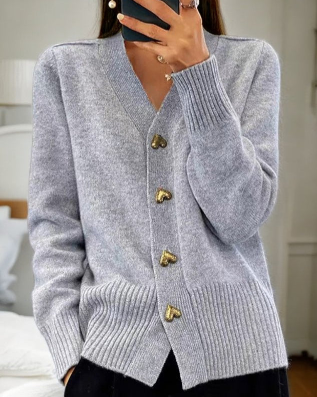 Women's V-neck heart-button cardigan in grey, front view