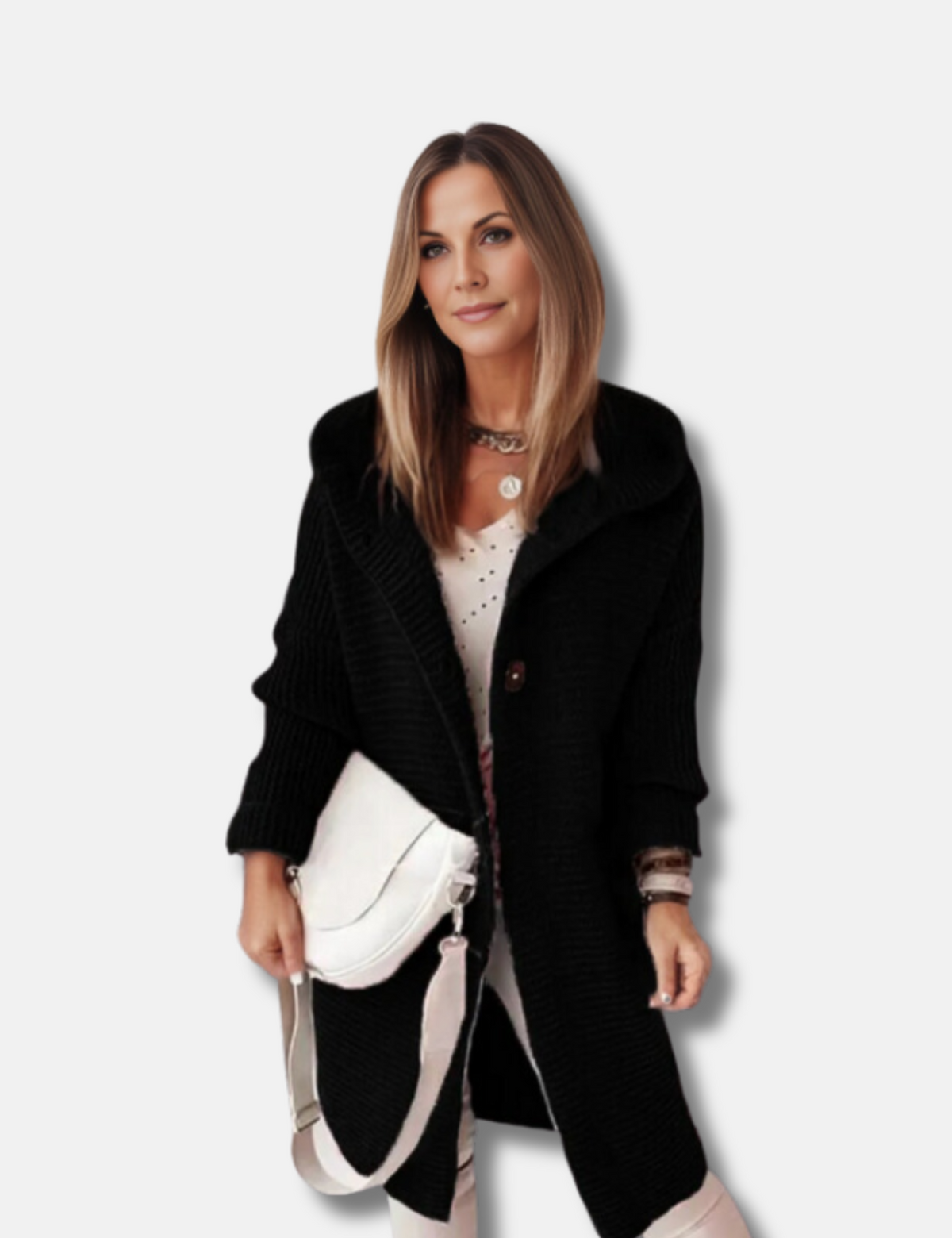 Women's longline hooded ribbed cardigan in black, front view