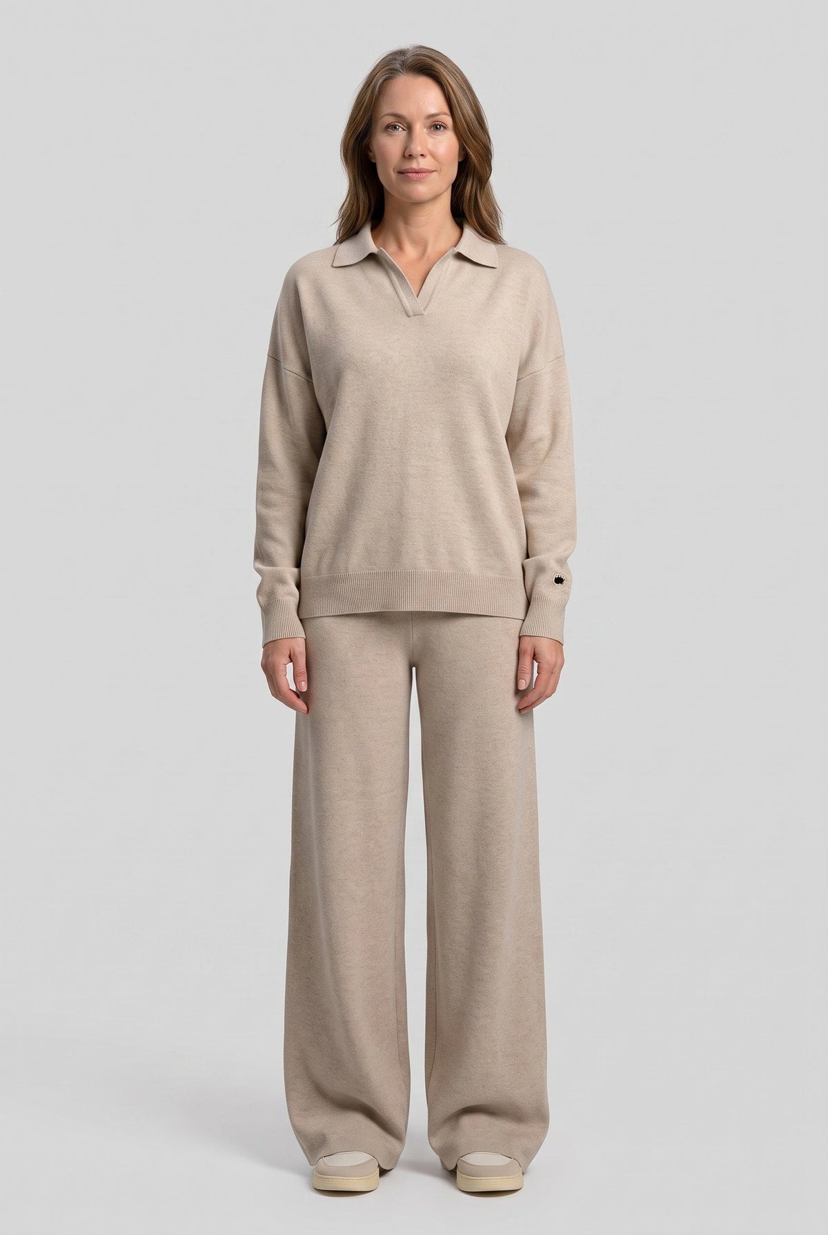 Women's polo-collar loungewear set in cream, front view