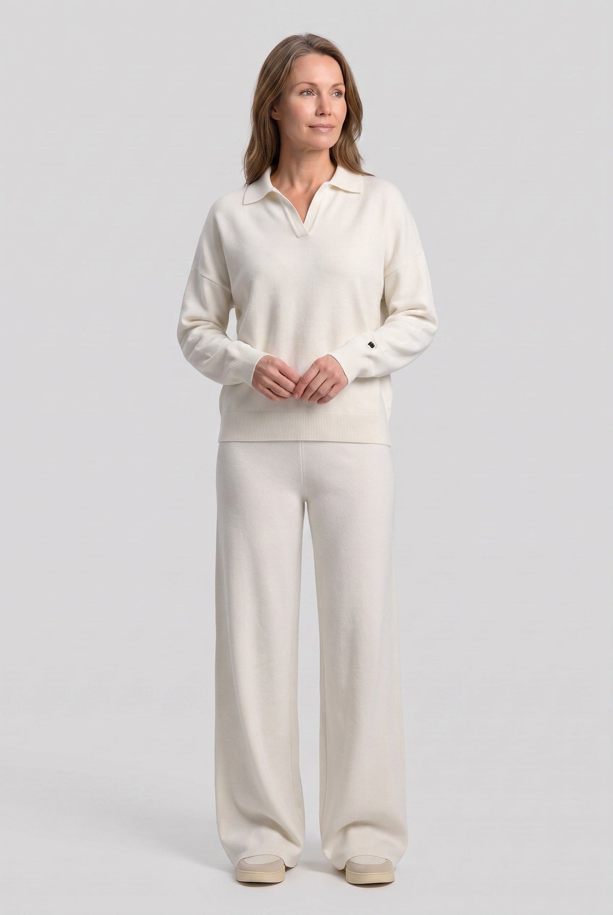 Women's polo-collar loungewear set in white, front view