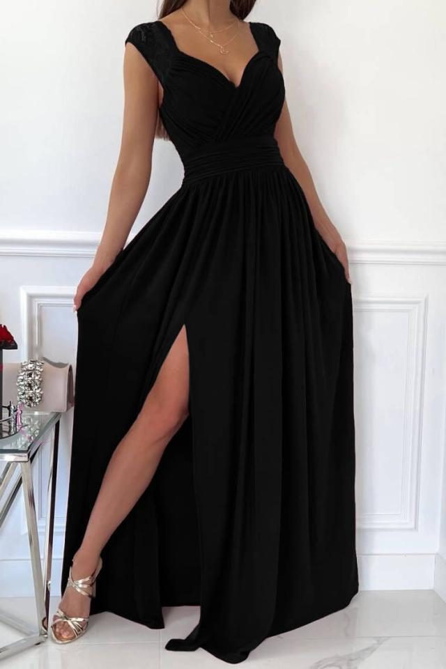 Women's Wrap Maxi Dress with V-Neck and Side Split